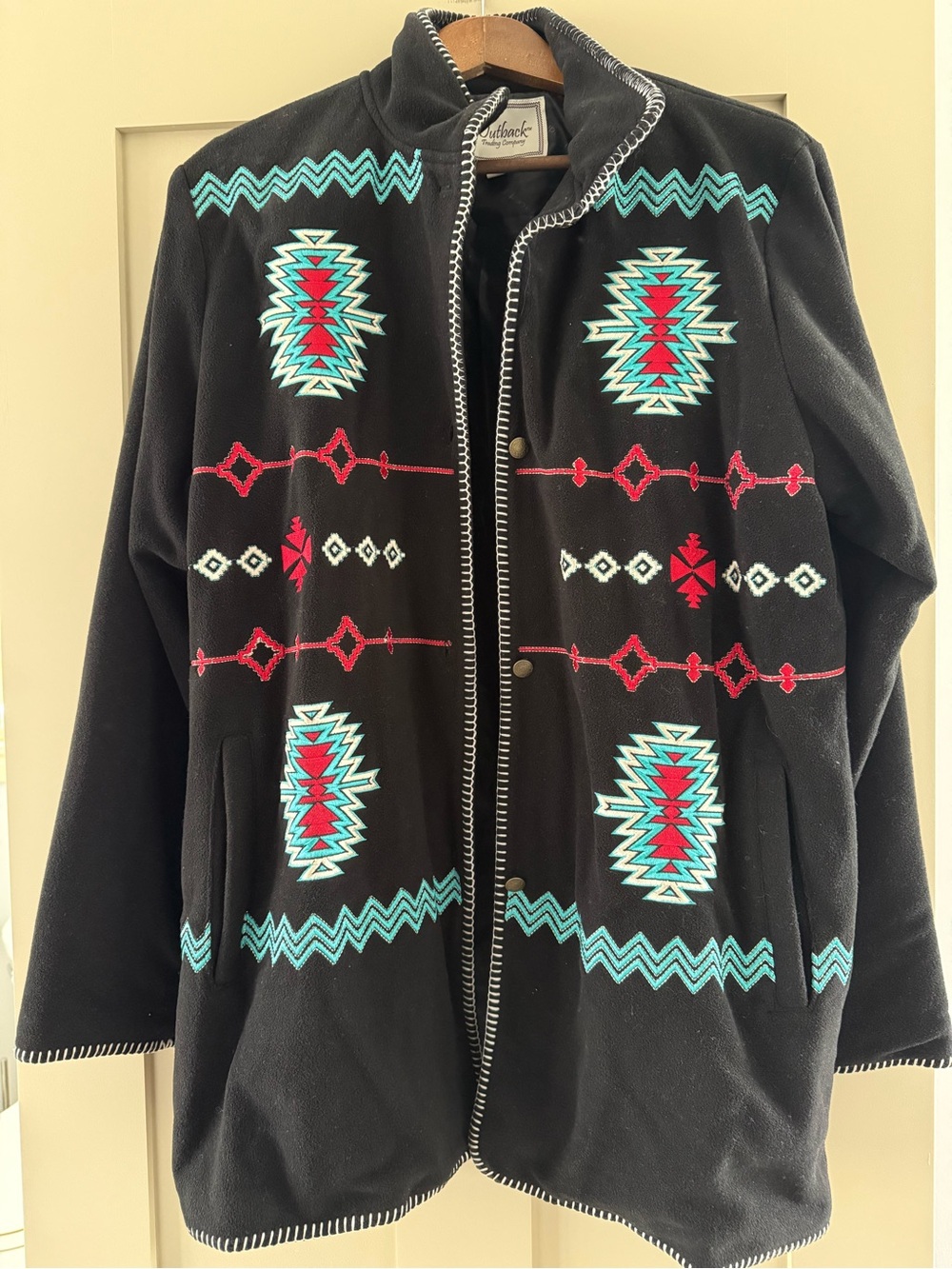 Southwestern-Pattern Black Fleece Jacket with Teal & Red Accents